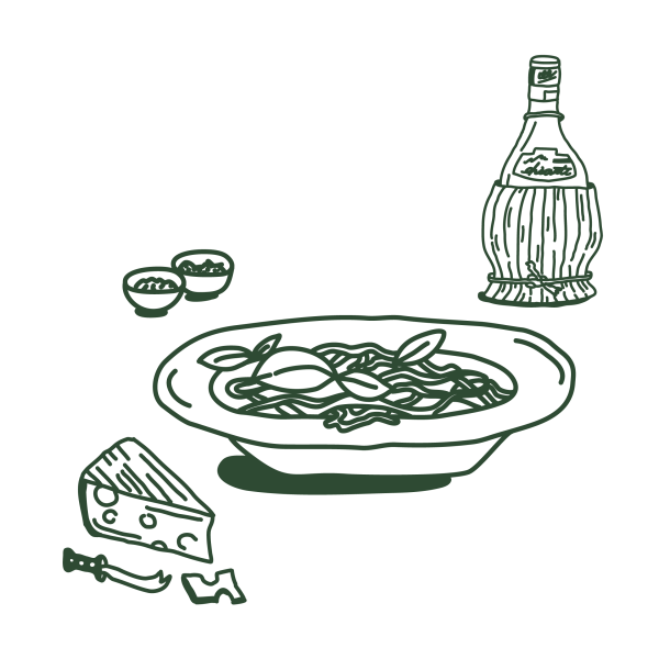 Icons of cheese and a chesse knife, small bowls of food, a bottle of wine, and a pasta dish
